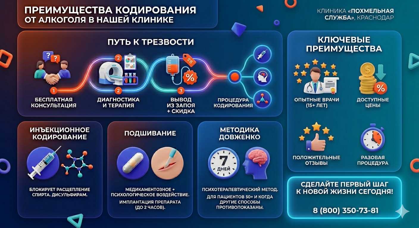 Инфографика о методах кодирования от алкоголя в Кенже: инъекции, подшивание, метод Довженко. Преимущества клиники и этапы лечения.