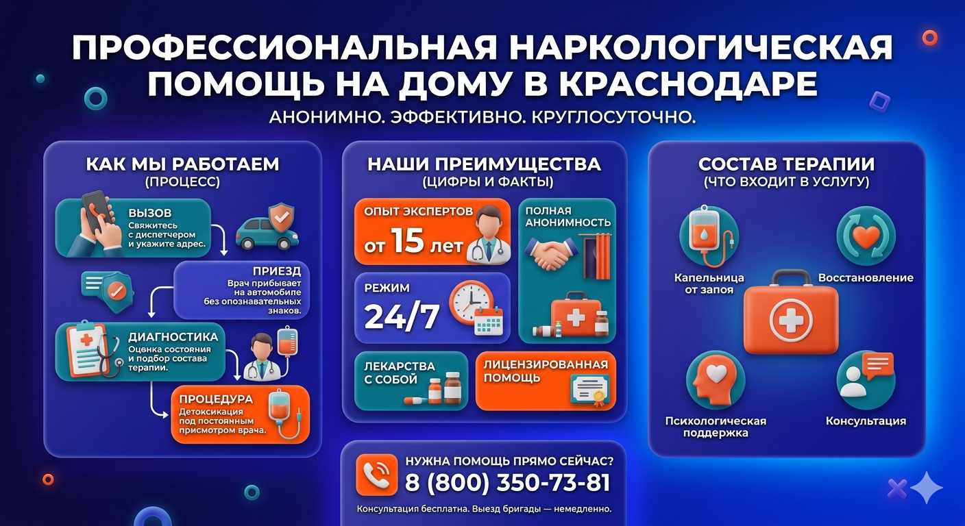 Инфографика о принципах лечения алкоголизма на дому в Кенже: этапы вызова нарколога, преимущества анонимной детоксикации и состав медицинской помощи.
